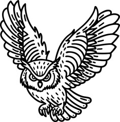 Fototapeta premium Owl with outstretched wings flying, detailed black and white bird illustration in mid flight