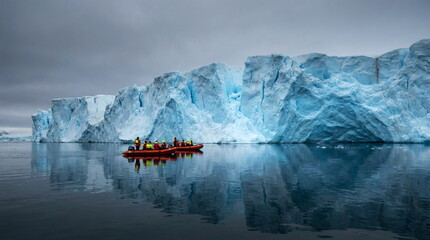 Extreme adventure in Antarctic on inflatable boats. Beautiful frozen landscape with massive Iceberg pieces of ice reflecting on water surface. Travel background banner
