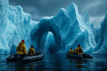Extreme adventure in Antarctic on inflatable boats. Beautiful frozen landscape with massive Iceberg pieces of ice reflecting on water surface. Travel background