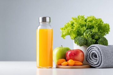 Fresh orange juice in a glass bottle beside green apple, red apple, carrots, and leafy greens on a wooden board with a rolled gray towel, promoting healthy lifestyle choices and wellness