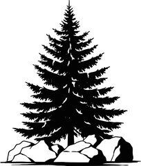 Obraz premium Silhouette of a pine tree surrounded by rocks on white background, nature and outdoors concept