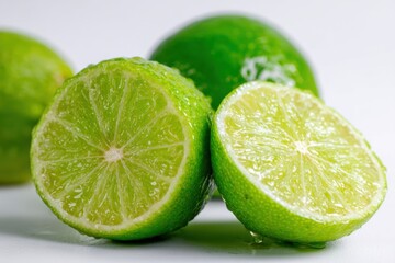 Fresh green limes, sliced in half, revealing juicy interior with vibrant color, placed on a clean surface, showcasing their freshness and culinary potential for recipes and beverages