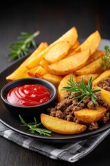 Delicious plate of golden crispy potato wedges served with seasoned ground meat and a side of rich red ketchup, garnished with fresh herbs for an appetizing presentation