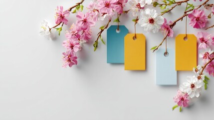 Colorful tags in blue and yellow hang from delicate cherry blossom branches, creating a vibrant spring atmosphere with floral elements and a soft background for seasonal promotions