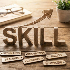 Skill upskilling learning future development concept digital word arrow growth workplace idea Upskilling for future skills