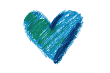 A heart-shaped Earth, rendered in crayon-like textures, evoking global love and care