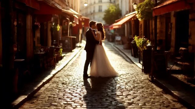 Paris, France, Europe. A romantic wedding scene set in an urban alleyway during the golden hour. The bride and groom are captured in a tender moment.