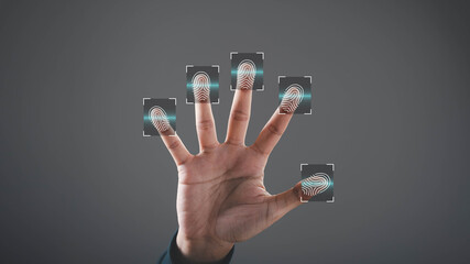 Hand with biometric fingerprint scan icons representing identity authentication, cybersecurity protection, secure access control, digital verification system, data privacy, modern security technology.