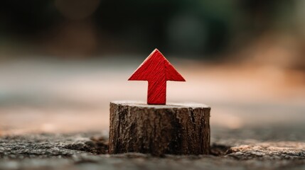 Bright red upward pointing wooden arrow rests atop a weathered tree stump outdoors
