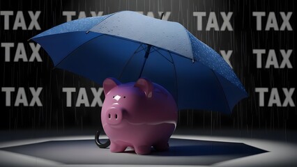 Pink piggy bank protected by a blue umbrella. Tax protection and financial insurance needs. Piggy bank standing in heavy rain with tax text backdrop representing wealth safety