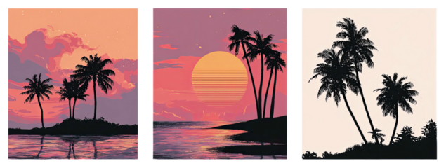 Pixelated artwork depicting tropical scenes, featuring sunsets, water reflections, and silhouettes of palm trees