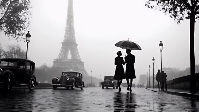 Paris, France, Europe. A monochromatic, grayscale depiction of the Eiffel Tower in Paris, France, with a couple walking under an umbrella.