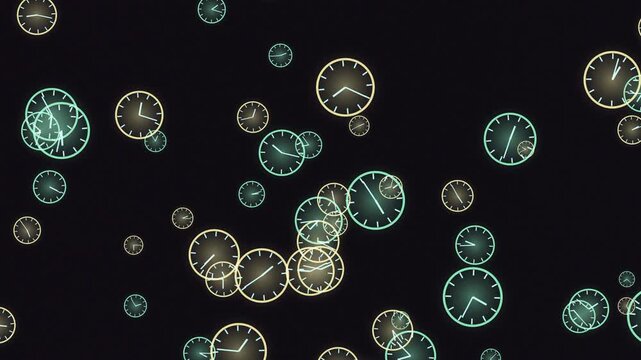 Abstract clocks drift and scatter against a dark backdrop, symbolizing the passage of time