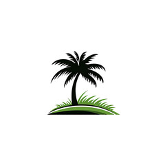 Obraz premium A dark scene showcasing an island featuring a palm tree and grassy green accents