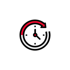 A white clock face with red accents and a looping arrow on a black background