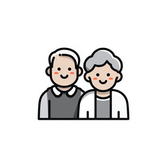 A smiling elderly couple cartoon illustration, featuring grey hair and simple facial expressions
