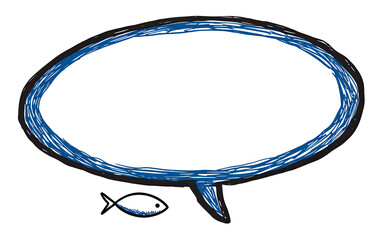 A drawn oval speech bubble with a blue scribble border, featuring a small stylized fish