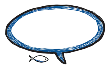 A drawn oval speech bubble with a blue scribble border, featuring a small stylized fish