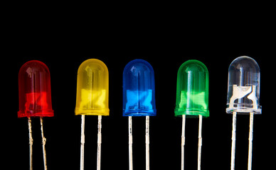 Colorful led diode with black background, close-up.