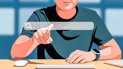 Person's Hand Touching Search Bar on Digital Screen with Computer Peripherals internet search online search