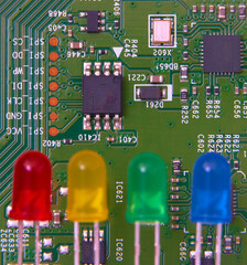 Colorful led diode with black background, close-up.
