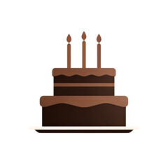 Two-tiered, chocolate frosted cake with three lit candles on a black background