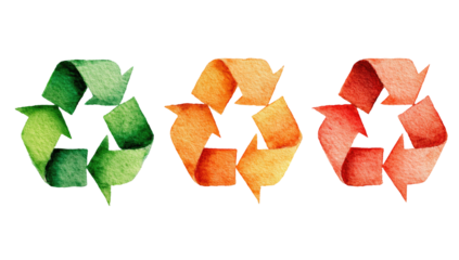 Three watercolor-painted, colorful recycling symbols displayed against a stark black background