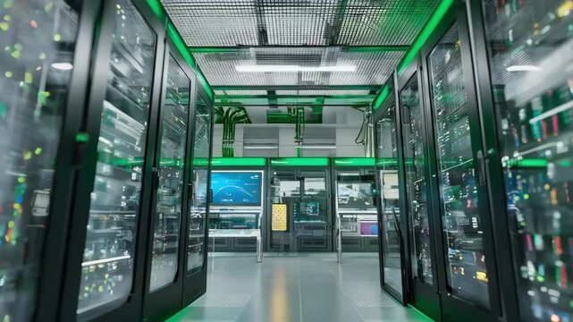 Medium shot of a green data center control room featuring advanced resourceefficient technology and ecoconscious infrastructure.