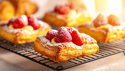 Freshly baked strawberry danish pastry with custard cream and powdered sugar on cooling rack
