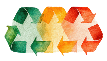 Three watercolor-painted, interlocked recycling symbols in hues of green, yellow, and orange