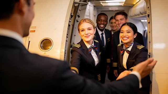 Diverse group of flight attendants welcoming passengers at airplane door.