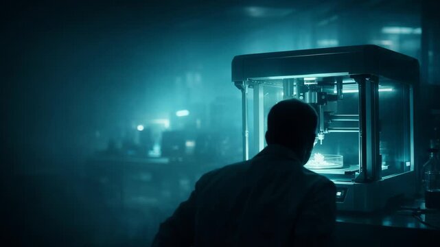 Man Observing 3D Printer and Digital Screen in Dimly Lit Laboratory Showcasing Advanced Technology and Innovation in Machinery