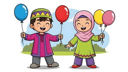 Happy children holding colorful balloons isolated on white background