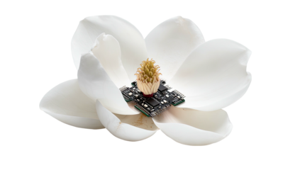 A computer circuit board rests at the center of delicate white flower petals