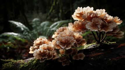 Intricate fungal growth patterns illuminated by sunlight on a decaying log in a dark forest setting