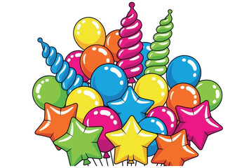 A vibrant assortment of diverse shaped and colored balloons creating a cheerful and celebratory atmosphere perfect for any festive event or special occasion advertisement