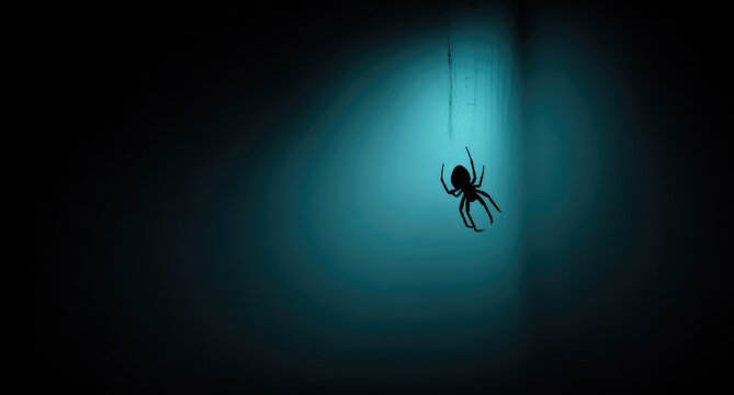 A lone spider descends on a silk thread in the dark.