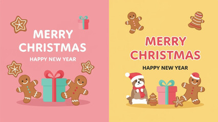 Obraz premium Festive holiday greeting featuring gingerbread, gifts, and a dog in a Santa hat on pink and yellow backgrounds