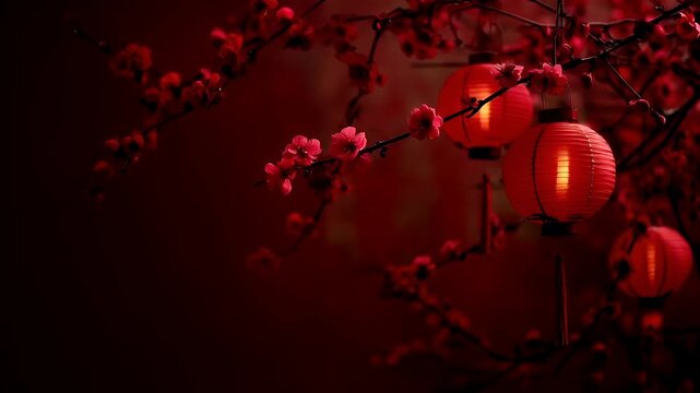 Chinese lunar new year holiday celebration. Spring festival tradition. Chunjie. Asia. red lanterns and cherry blossoms in a dark, moody setting with a redish tinted background.