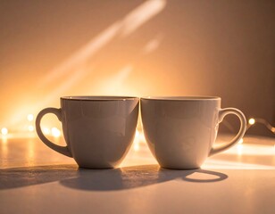 Two cups placed close together on a table, warm ambient light, cozy and intimate Valentine feeling, soft shadows, calm emotional mood