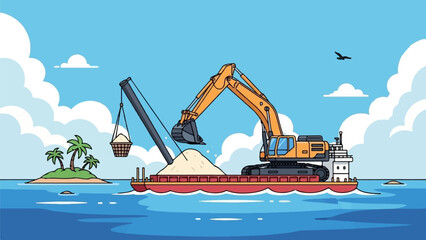 Excavator on barge dredging sand near a small tropical island under a cloudy sky