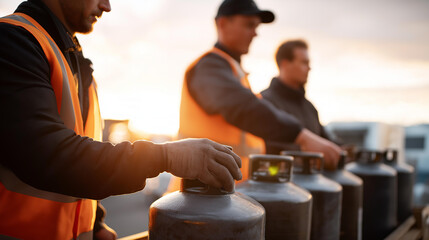 People sorting full and empty cylinders at a gas distribution center, visual inspection and organized stacking emphasizing operational safety, stock control, refilling cycles, and industrial fuel