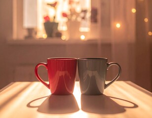 Two cups placed close together on a table, warm ambient light, cozy and intimate Valentine feeling, soft shadows, calm emotional mood