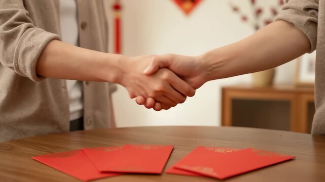 Two people shaking hands over red envelopes at home during Spring Festival