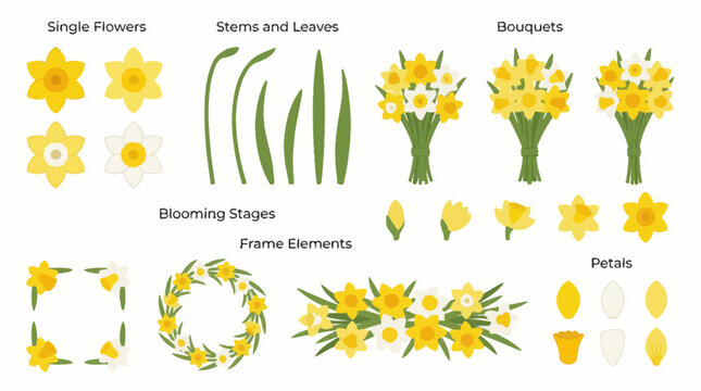 Daffodil flower elements and bouquets. Spring Vector Packs. EPS Editable