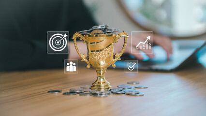 Success and finance growth goals for business achievement. Gain wealth and investment victory using...