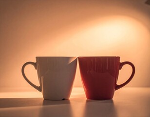 Two cups placed close together on a table, warm ambient light, cozy and intimate Valentine feeling, soft shadows, calm emotional mood
