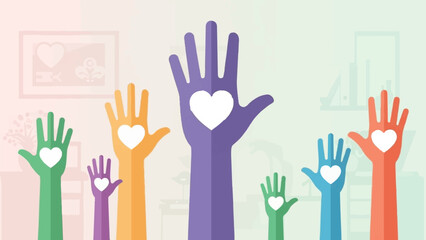 Fototapeta premium Colorful raised hands with hearts, symbolizing unity and care