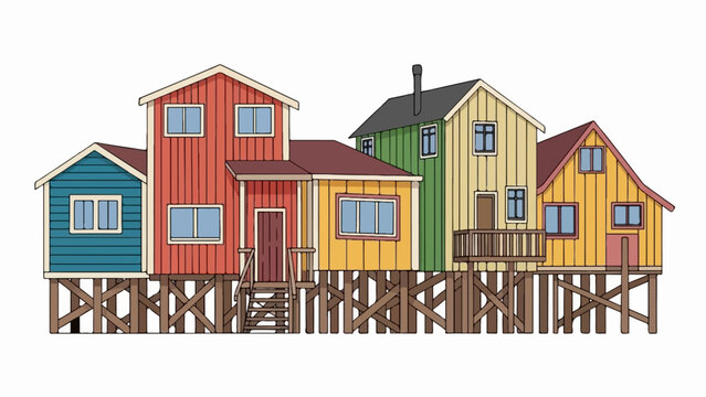 Colorful stilt houses line up in a charming row with wooden supports visible