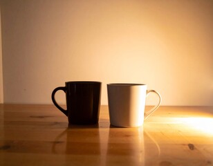 Two cups placed close together on a table, warm ambient light, cozy and intimate Valentine feeling, soft shadows, calm emotional mood
